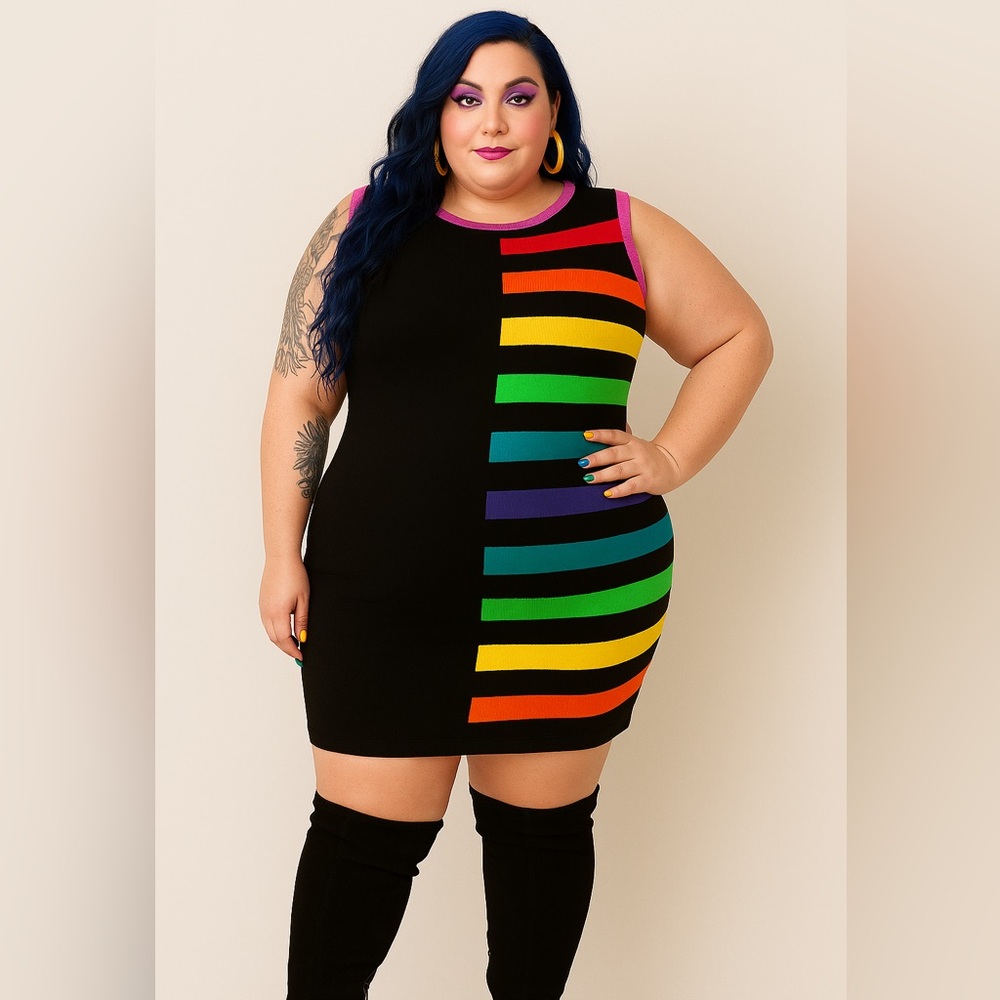 ELHOFFER DESIGN Pride Rainbow Fitted Knit Sheath Mini Dress Sleeveless Black